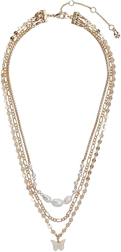 Lucky Brand Women's Pearl Layer Etched Butterfly Necklace, Gold, Unsized