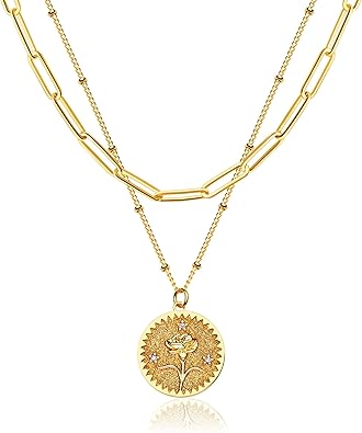 Layered Birth Flower Coin Necklace for Women 18K Gold Plated Double Layered Engraved Custom Floral Pendant Necklaces Dainty Birth Month Flower Disc Coin Necklace Personalized Jewelry Gift for Her