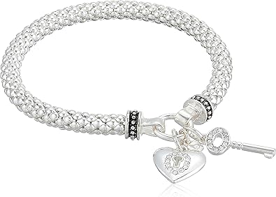 Nine West Women's Boxed Silver Heart Key Stretch Bracelet, Size: 0