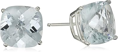 Amazon Collection 14k White Gold Cushion-Cut Checkerboard Aquamarine Stud Earrings