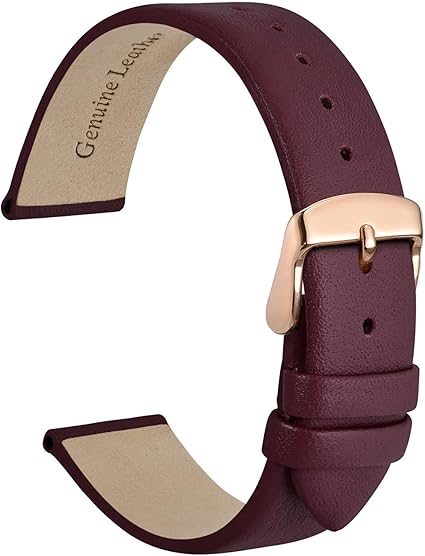 WOCCI 16mm Lug Width, Elegant Watch Band, Genuine Leather Replacement Strap with Rose Gold Buckle (Dark Plum)