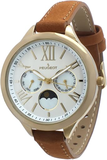 Peugeot Women’s Gold Round Multi-Function Watch with Skinny Brown Suede Strap