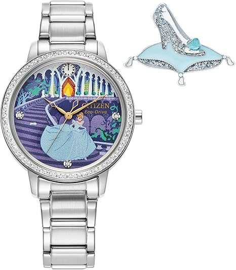 Citizen Women's Eco-Drive Disney Princess Cinderella Crystal Watch and Pin Gift Set in Silver Stainless Steel Watch, Blue Dial (Model: FE7041-51W)