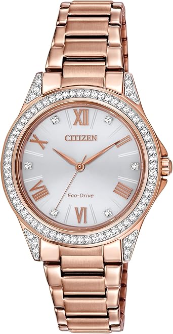 Citizen Ladies' Crystal Eco-Drive Watch, 3-Hand, Roman Numeral Markers, Mother-of-Pearl Dial