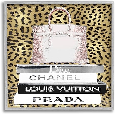 Stupell Industries Glam Handbag Fashion Book Stack Cheetah Pattern, Designed by Madeline Blake Gray Framed Wall Art, 17 x 17, White