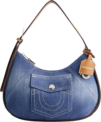 True Religion Women's Shoulder Bag Purse, Medium Hobo Handbag with Front Pocket, Denim