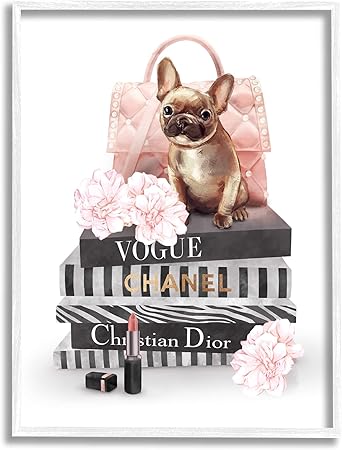 Stupell Industries Glam Bookstack Quilted Pink Purse French Bulldog, Designed by Ziwei Li White Framed Wall Art, 24 x 30, Multi-Color