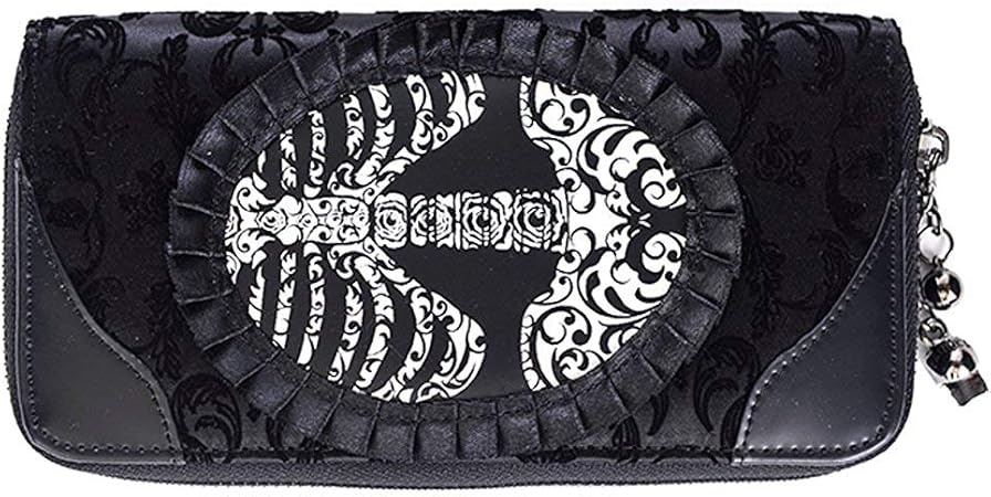 Lost Queen Goth Steampunk Flocked Ribcage Skeleton Cameo Zip Around Wallet