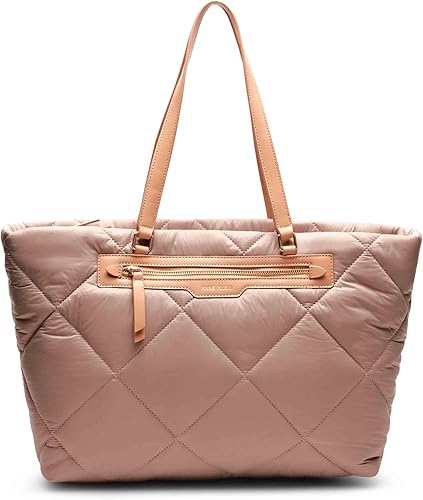 Anne Klein Large Quilted Nylon Tote with Pouch, Stone/Warm Sand/Coral Hangoff