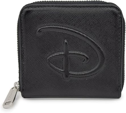 Disney Wallet, Square Zip Around, Disney Signature D Logo Embossed, Black Vegan Leather