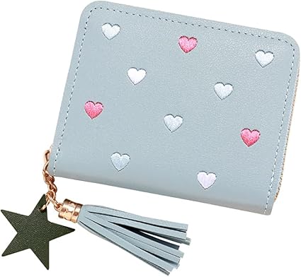 PU Leather Purse Wallet with Star Pendant Womens Credit Card Holder Small Purses with Card Slots Zipper Coin Purse with Embroidery Heart Blue