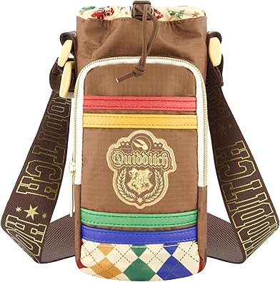 Harry Potter Water Bottle Holder, Hogwarts Quidditch Crossbody Sling Carrier Bag with Adjustable Shoulder Strap, 25 oz, Multi