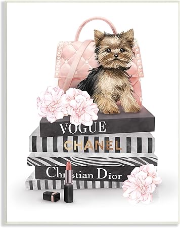 Stupell Industries Yorkie Puppy Glam Quilted Purse Fashion Bookstack, Designed by Ziwei Li Wall Plaque, 10 x 15, Multi-Color