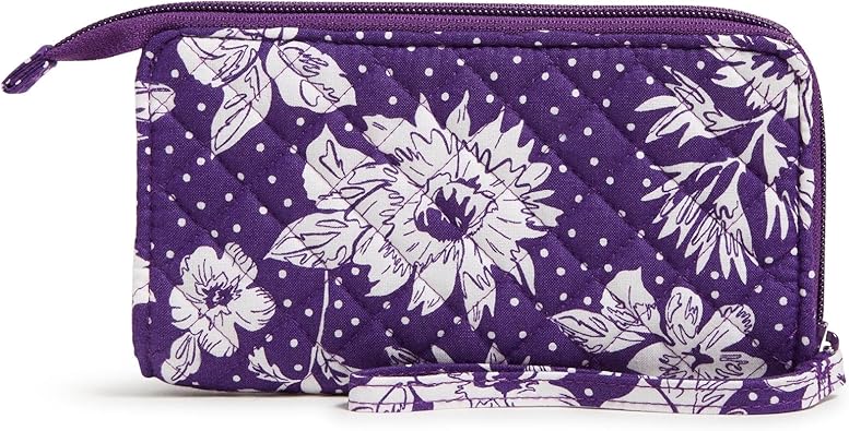 Vera Bradley Cotton Collegiate Front Zip Wristlet with RFID Protection (Multiple Teams Available), Purple/White Rain Garden