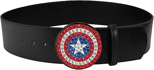 Buckle-Down Women's Marvel Comics, Captain America Shield with Crystal Rhinestones, Black Vegan Leather Belt