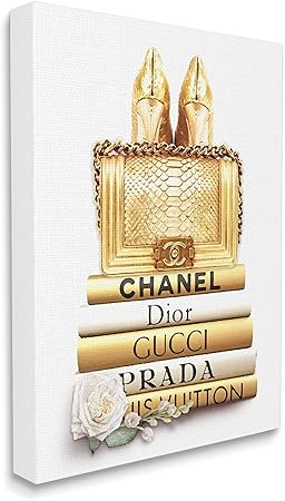 Stupell Industries Divine Golden Fashion Purse on Glam Designer Bookstack, Designed by ROS Ruseva Canvas Wall Art, Gold