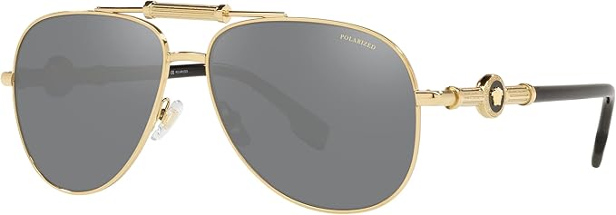 Versace Unisex Sunglasses Gold Frame, Polarized Grey Mirror Silver Lenses, 59MM