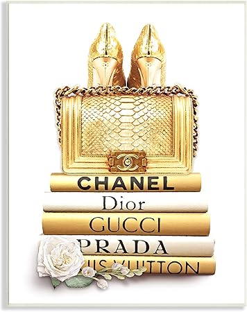 Stupell Industries Divine Golden Fashion Purse on Glam Designer Bookstack, Designed by ROS Ruseva Wall Plaque, Gold