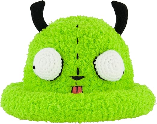 Invader Zim Bucket Hat, Gir Fuzzy Faux Fur Wide Brim Sun Cap with 3D Eyes and Ears, Green, One Size