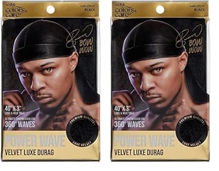 KISS COLORS & CARE Power Wave Velvet Luxe Durag - Black, Breathable, Stretchy Velvet Fabric Ideal For Wave Formation & Overnight Comfort, Stylish & Practical For All Hair Types, 0.13 pounds