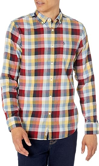 Original Penguin Men's Ecovero Blend Check Woven Stretch Long Sleeve Button-Down Shirt