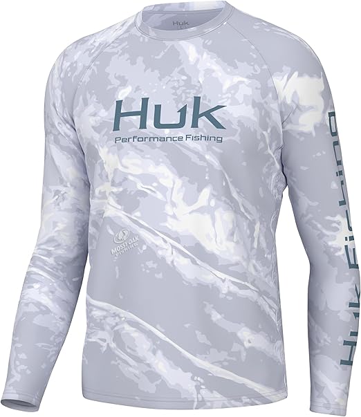 HUK Men's Standard Pursuit Pattern Crew Sleeve, Performance Shirt, Mossy Oak-Stormwater Bonefish