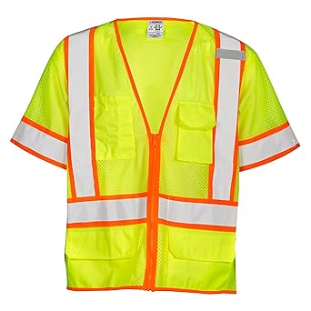 Kishigo Unisex High Visibility Reflective 6 Pocket Contrast Mesh Vest 1242, Zipper Closure, Polyester, ANSI 107 Type R / Class 3, Construction, Roadwork, Utility, Warehouse, Outdoor (Lime, M)