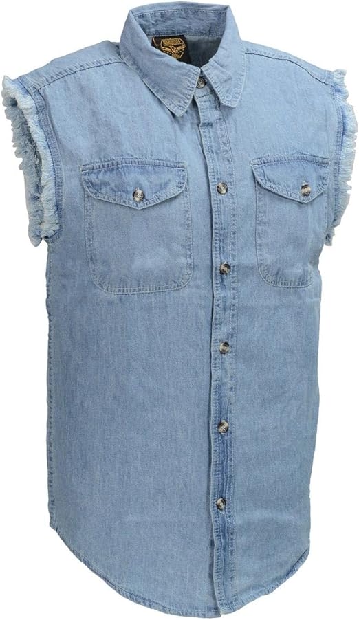 Milwaukee Leather DM1001 Men's Blue Lightweight Denim Shirt with with Frayed Cut Off Sleeveless Look