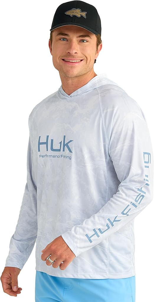 HUK Men's Standard Pursuit Pattern Hoodie, Sun Protecting Fishing Shirt with Hood, Mossy Oak-Stormwater Bonefish