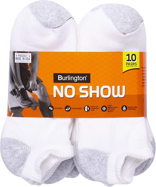 Burlington Comfort Power Men's No Show Sock, 10 Pair Pack