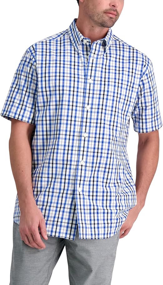 Haggar Men's Short Sleeve Button Down Woven Print Shirts, Blue, Small