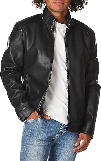 Cole Haan Signature Men's Zip Front Faux Leather Moto Jacket