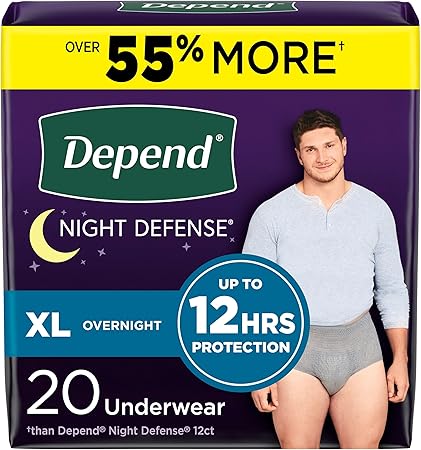 Depend Night Defense Adult Incontinence Underwear for Men, Disposable, Overnight, Extra-Large, Grey, 20 Count, Packaging May Vary