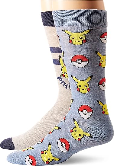 Pokemon Mens 2 Pack Crew Casual Sock, Blue Grey Multi, 10-13 US