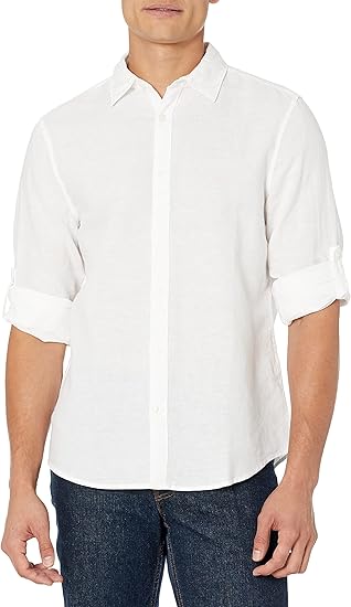 Perry Ellis Men's Roll Sleeve Solid Linen Cotton Button-Down Shirt (Size Small-Xx-Large)