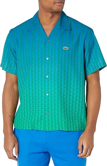 Lacoste Men's Relaxed Fit Short Sleeve Collar Button Down Shirt W/Ombre AOP L Graphic W/Stripes On The Sleeves, TBD, XL2XL