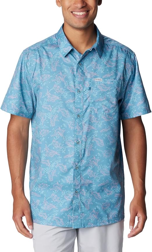 Columbia Men's Super Slack Tide Camp Shirt, Canyon Blue Keye Takeaway, Medium