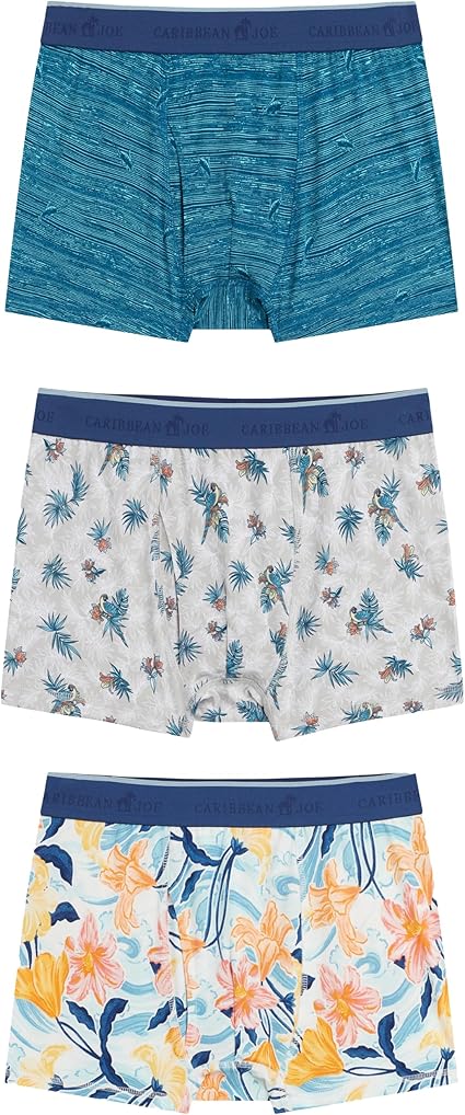 CARIBBEAN JOE Boxer Briefs, Tropical Flora Pattern, 3 Pack, Fun Novelty Mens Underwear