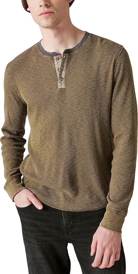 Lucky Brand Men's Acid Wash Thermal Henley W/Contrast Placket