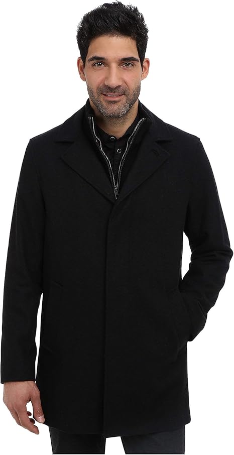 Cole Haan Men's Classic Melton Top Coat with Faux Leather Details