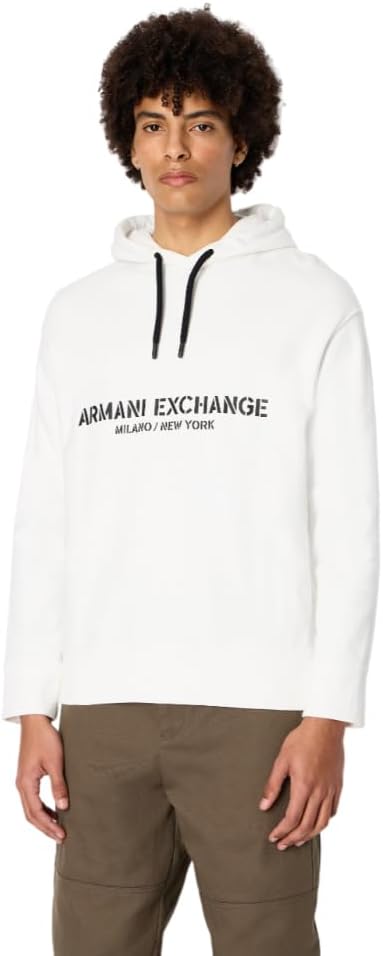 A｜X ARMANI EXCHANGE Men's Cotton French Terry Utility Logo Drop Shoulder Pullover Hoodie Sweatshirt