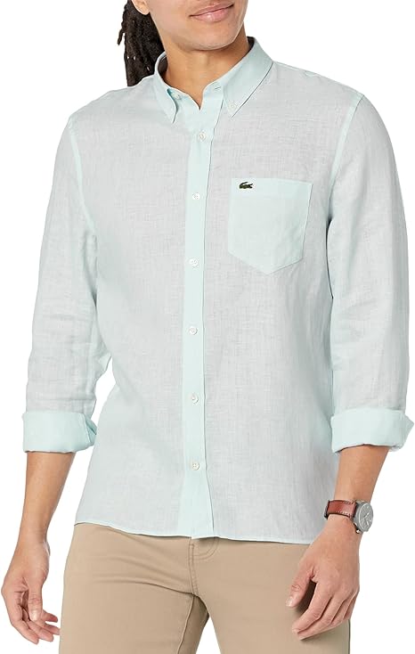 Lacoste Men's Contemporary Collection's Long Sleeve Regular Fit Linen Button Down Shirt with Front Pocket