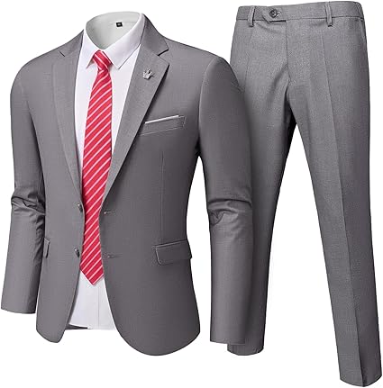 MrSure Men's 2 Piece Slim Fit Suit with Two-Button, Solid Stretch Jacket Pants & Tie Set.