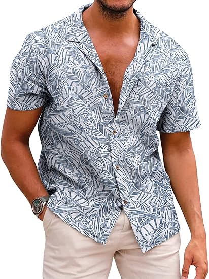 COOFANDY Men's Hawaiian Floral Shirts Cotton Linen Button Down Tropical Holiday Beach Shirts