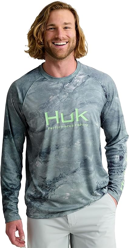 HUK Men's Standard Pursuit Pattern Crew Sleeve, Performance Shirt, Mossy Oak-Calmwater Silver Sky