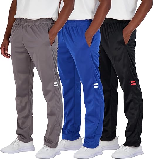 Real Essentials 3 Pack: Men's Active Athletic Casual Tricot Open Bottom Sweatpants with Pockets (Available in Big & Tall)