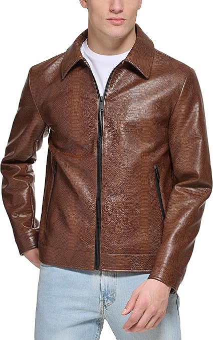 DKNY Men's Faux Leather Classic Laydown Collar Bomber Jacket