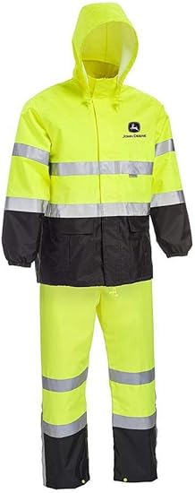 John Deere Unisex High Visability ANSI Class III Rain Suit Jacket and Bib with Color Block, High Visability, Water Resistant