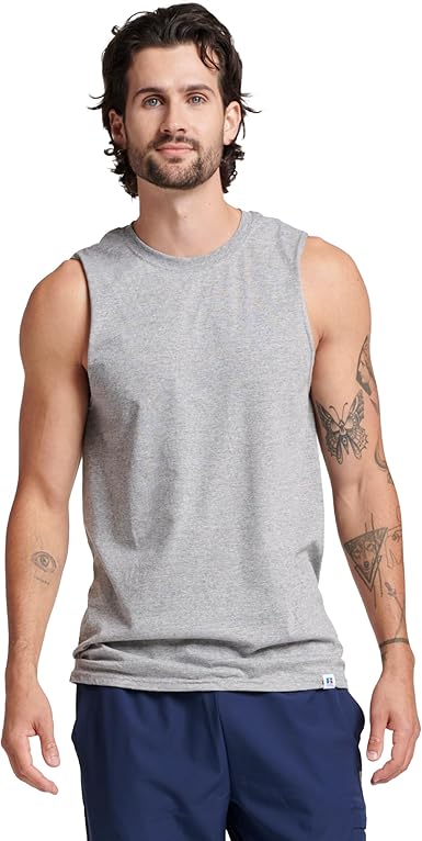 Russell Athletic Men's Dri-Power Cotton Blend Sleeveless Muscle Shirts, Moisture Wicking Odor Protection UPF 30+, Sizes S-4X