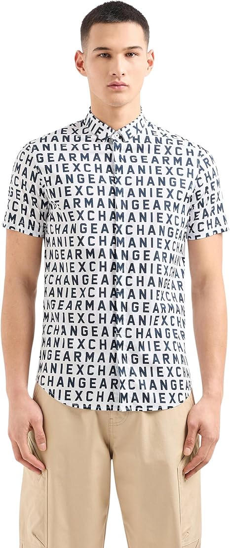 Armani Exchange Men's Short Sleeve A|x Text Print Button Down Shirt. Slim Fit